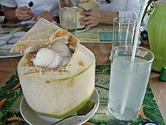 Coconut sorbet presented in a young coconut at A. Mallika