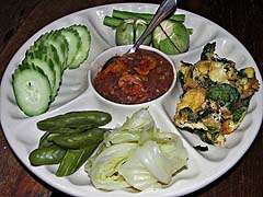 Appetizer of vegetables with shrimp dip