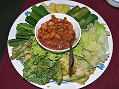 Fresh and fried vegetables with a shrimp dip